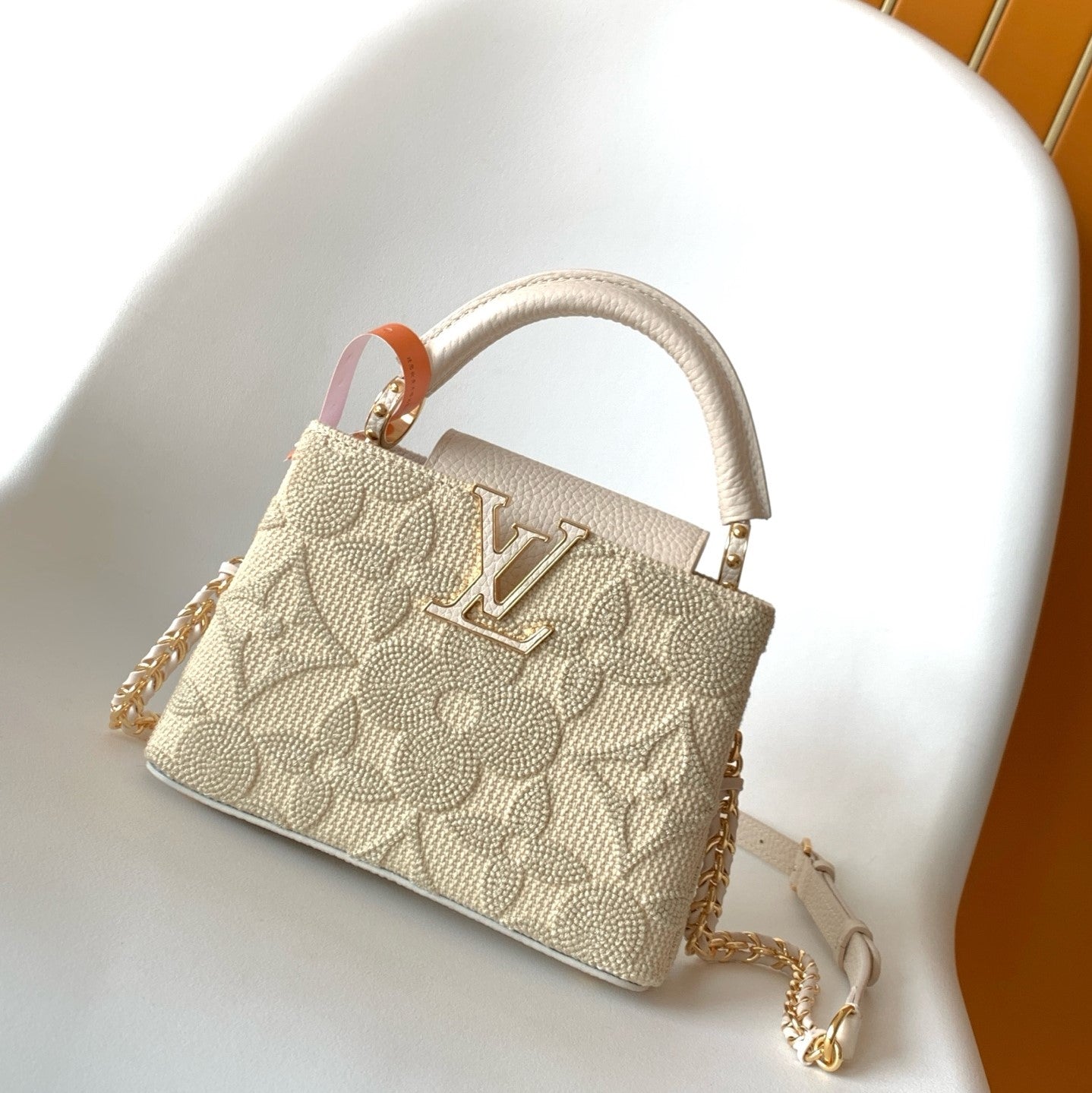 LV Capucine Mini Bag 21cm Vanilla Cotton Canvas Embroidered Pattern GHW mysite