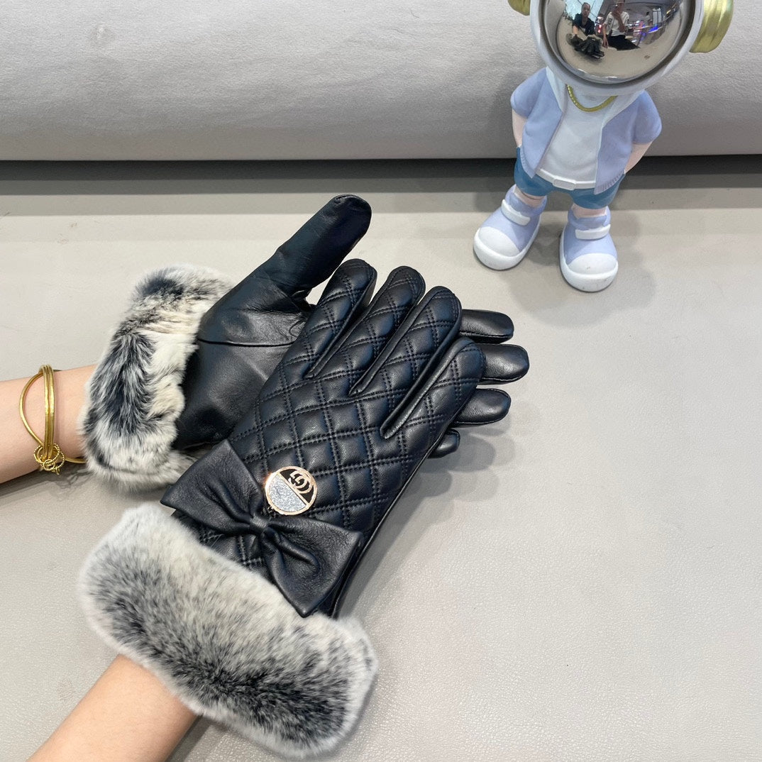 TOUCHSCREEN GLOVES WITH BOW IN BLACK RABBIT FUR MIX LAMBSKIN 463796 mysite