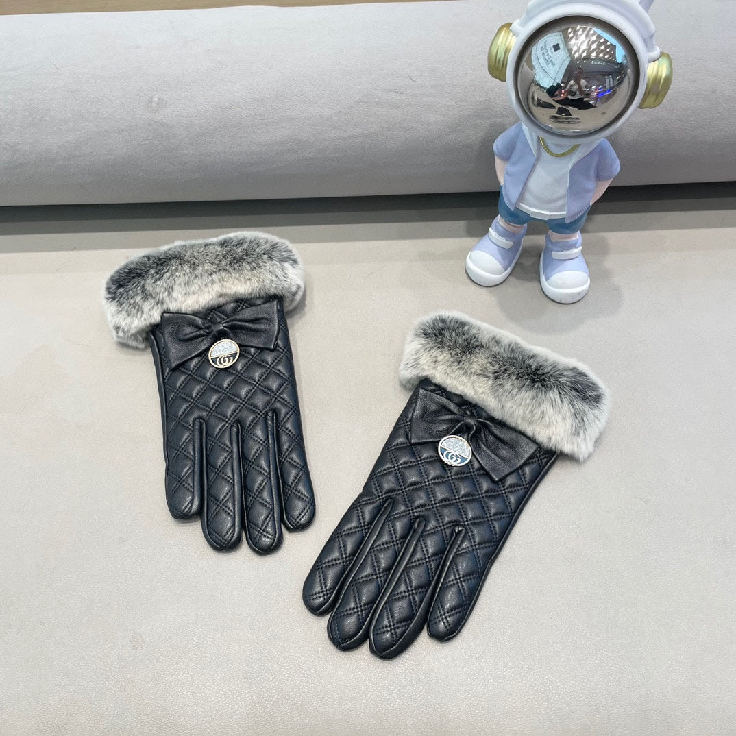 TOUCHSCREEN GLOVES WITH BOW IN BLACK RABBIT FUR MIX LAMBSKIN 463796 mysite