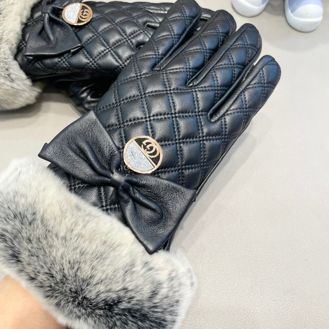 TOUCHSCREEN GLOVES WITH BOW IN BLACK RABBIT FUR MIX LAMBSKIN 463796 mysite