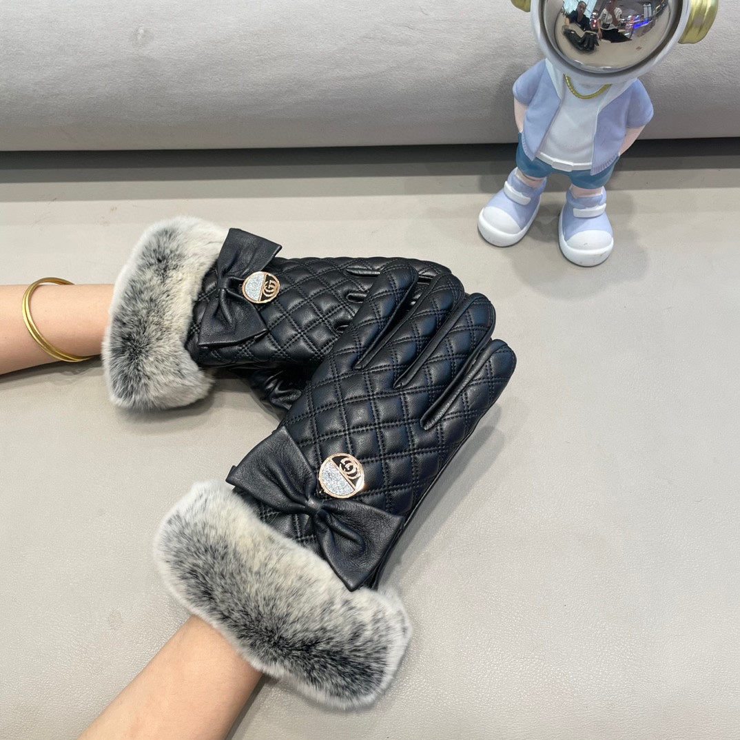 TOUCHSCREEN GLOVES WITH BOW IN BLACK RABBIT FUR MIX LAMBSKIN 463796 mysite