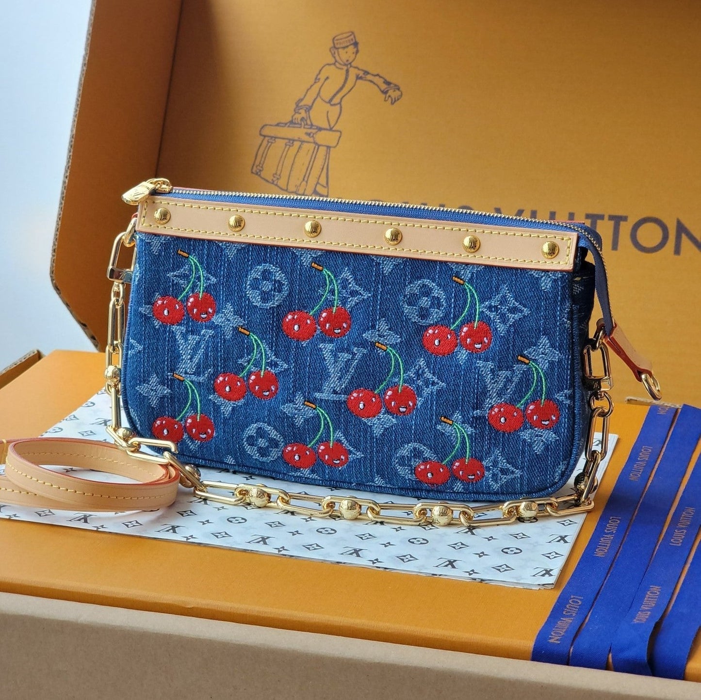 LV x TM M13994 Pochette Accessoires 22cm Blue Monogram Denim With Cherry Motif GHW mysite