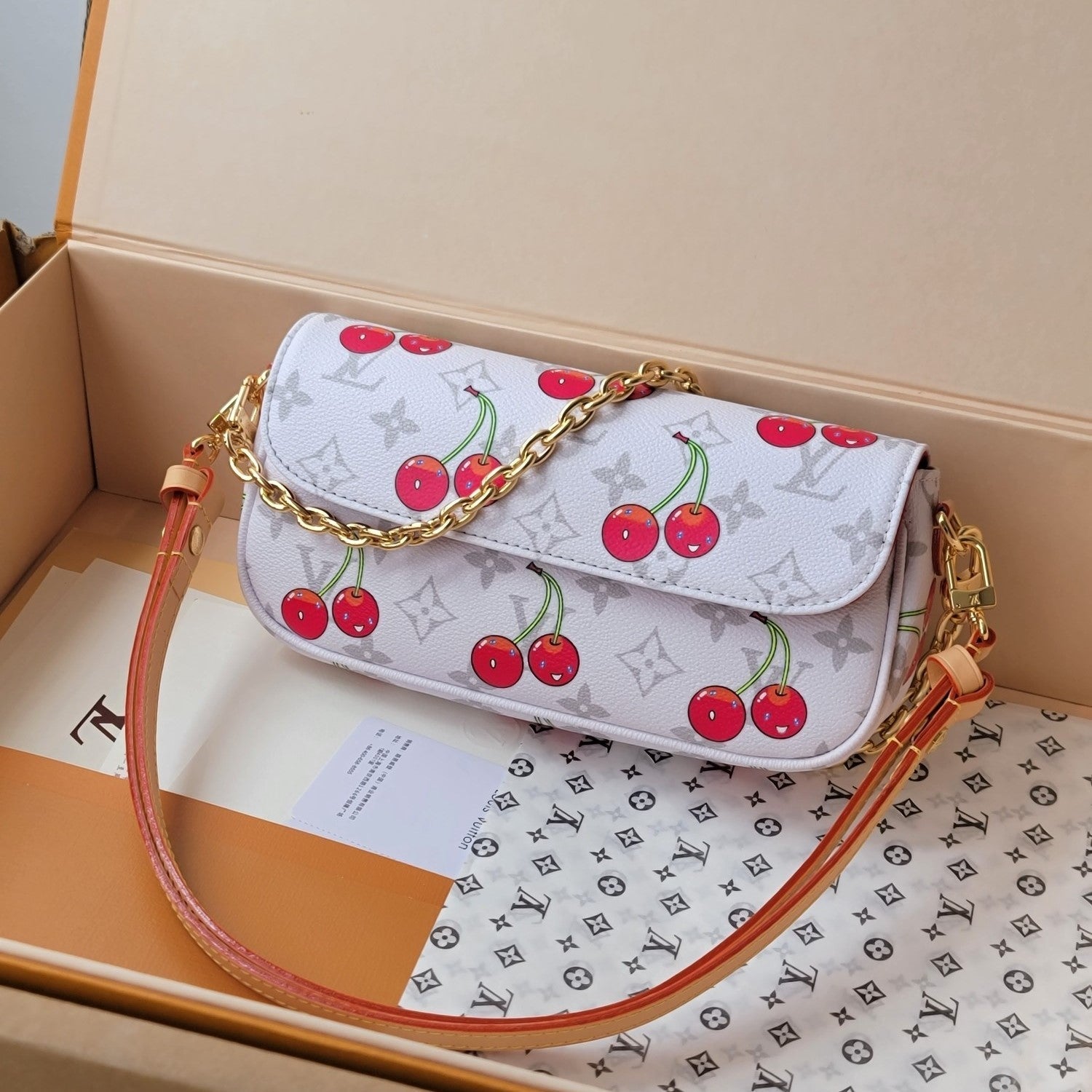 LV x TM M14239  Wallet On Chain Ivy White Monogram cherry Canvas GHW mysite