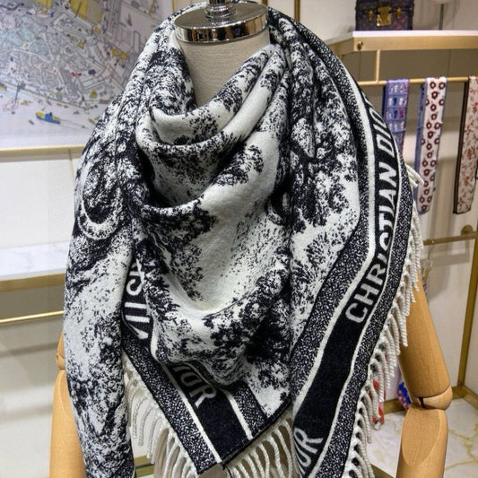 SQUARE SCARF 140 CM IN BLACK MIX WHITE MONOGRAM CASHMERE AND WOOL 416918 mysite