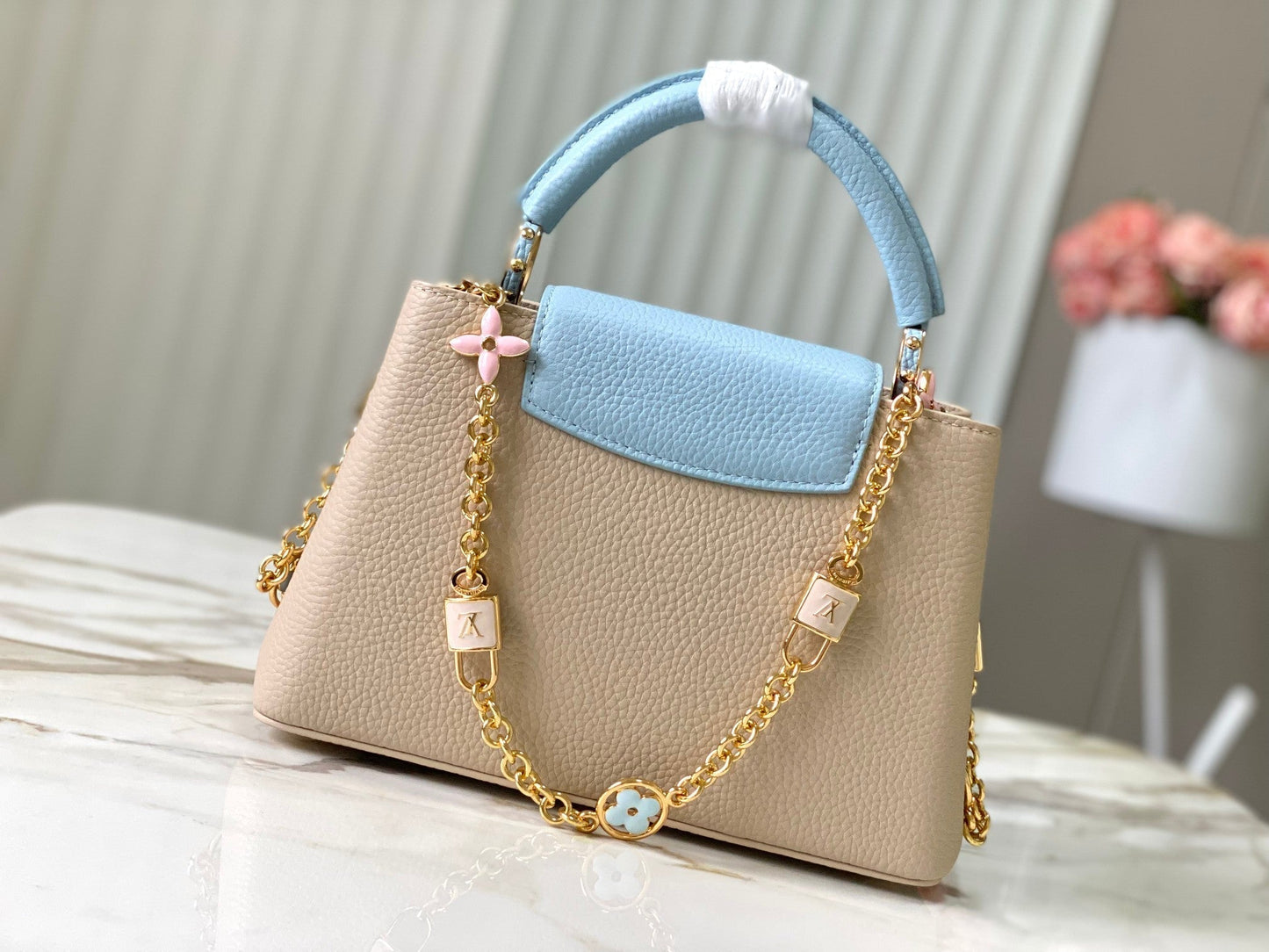 capucines bb 27 beige cloud blue taurillon leather gold hardware mysite