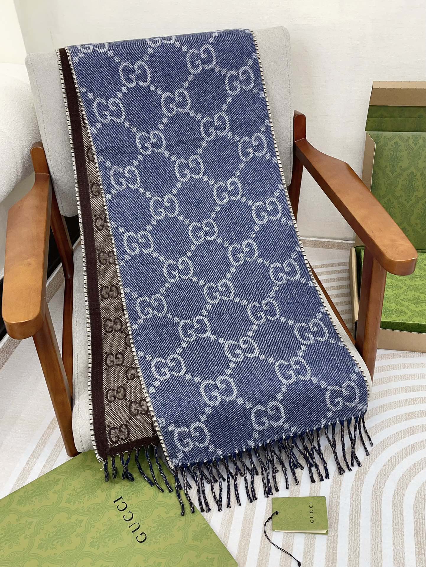 GG JACQUARD WOOL SCARF DENIM BLUE MIX COFFEE BROWN 398286 mysite