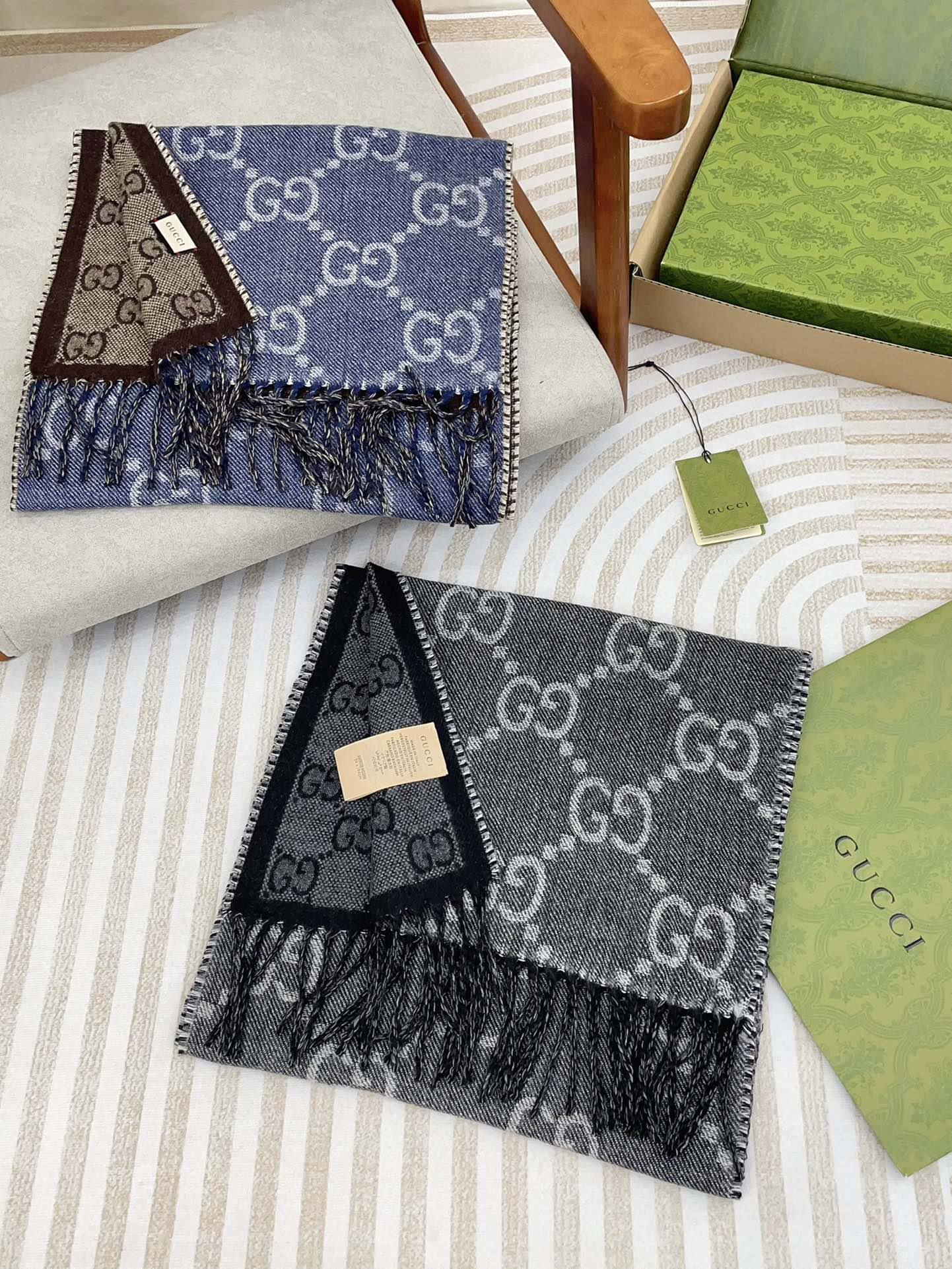 GG JACQUARD WOOL SCARF DENIM BLUE MIX COFFEE BROWN 398286 mysite