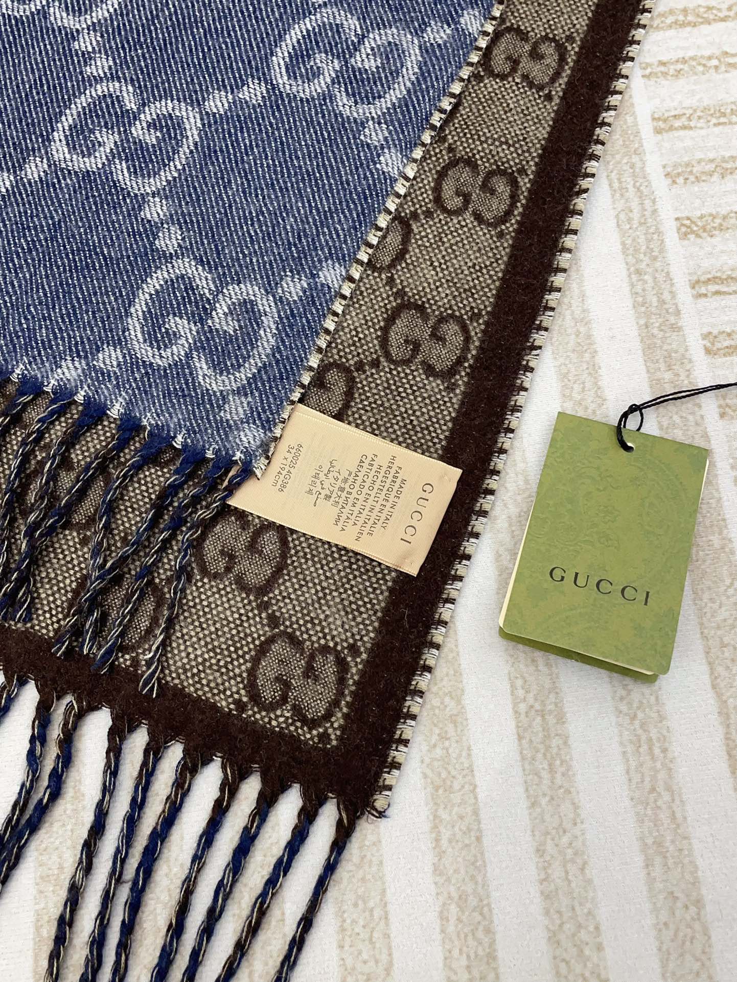 GG JACQUARD WOOL SCARF DENIM BLUE MIX COFFEE BROWN 398286 mysite