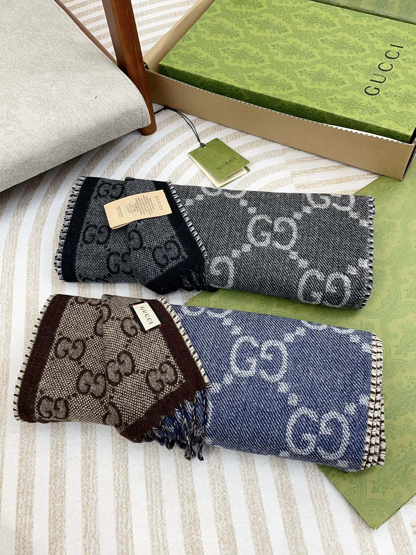 GG JACQUARD WOOL SCARF DENIM BLUE MIX COFFEE BROWN 398286 mysite