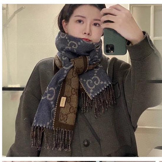 GG JACQUARD WOOL SCARF DENIM BLUE MIX COFFEE BROWN 398286 mysite