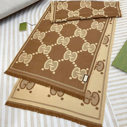 DOUBLE-SIDED SCARF 200 CM IN COFFEE AND TAN BROWN WOOL AND SILK  398287 mysite