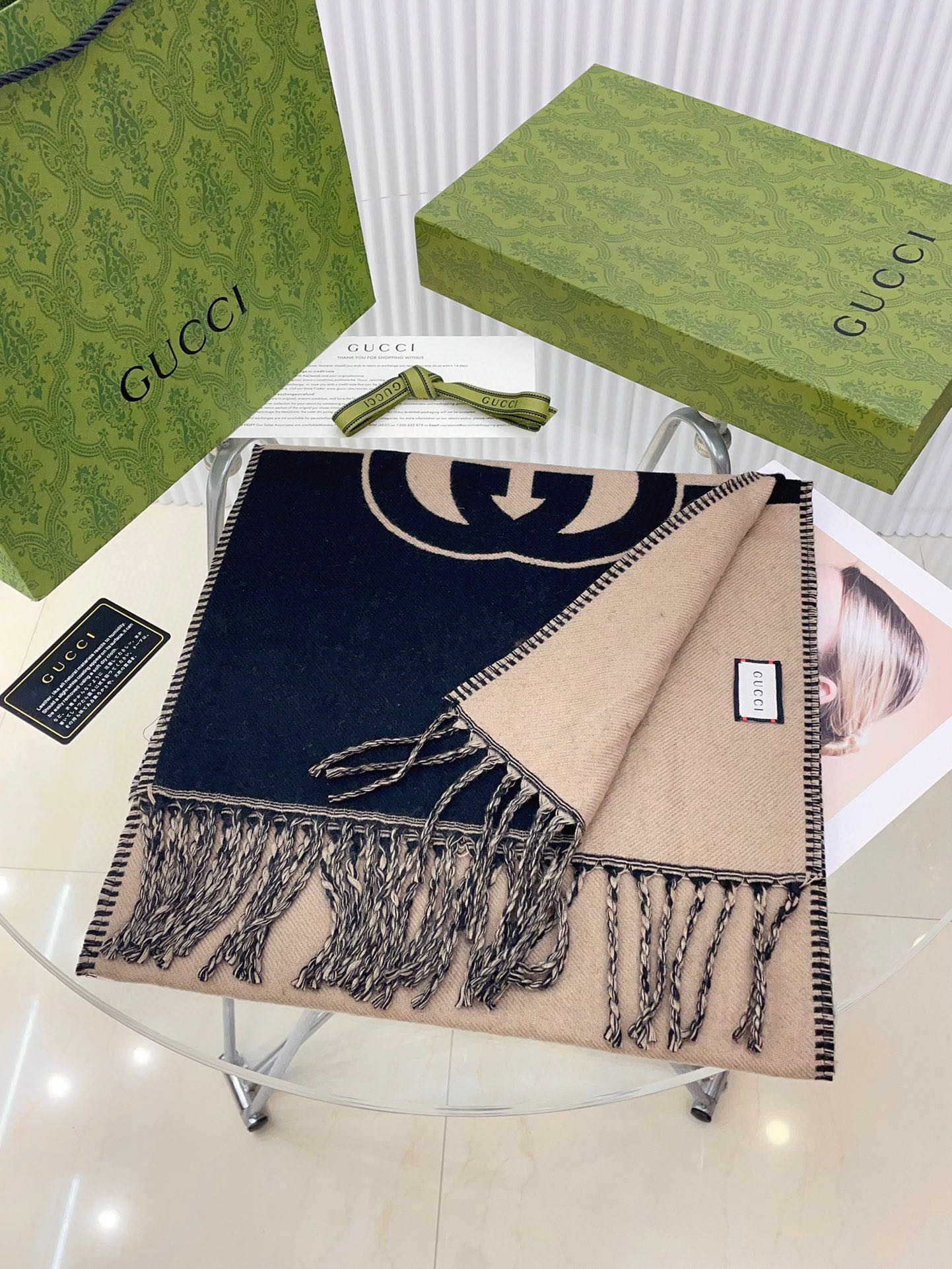 CAMEL BEIGE AND BLACK WOOL WITH INTERLOCKING G SCARF 200 CM mysite