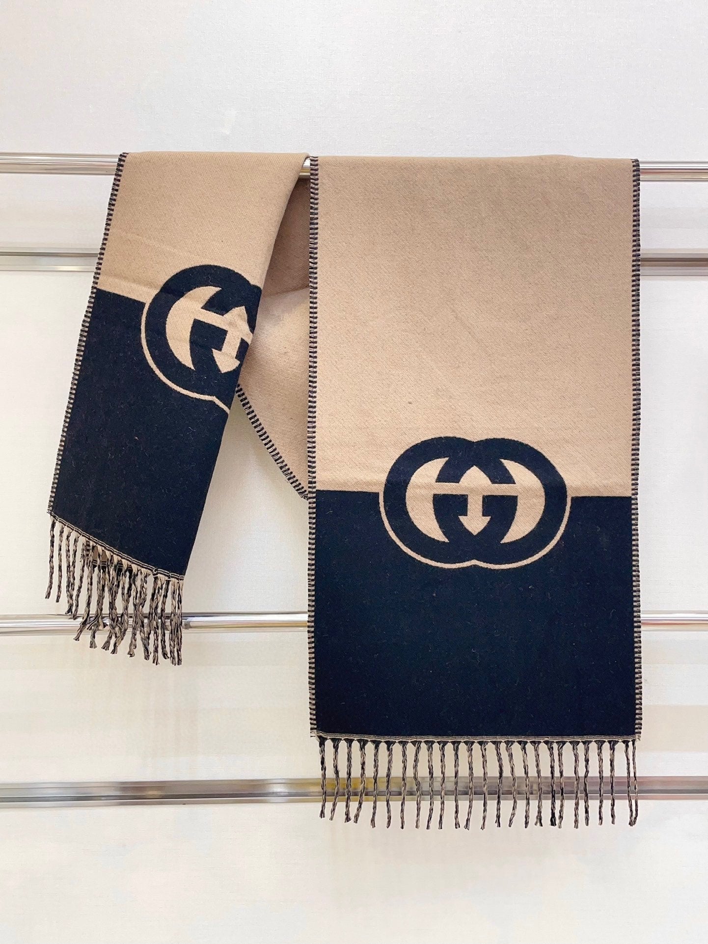 CAMEL BEIGE AND BLACK WOOL WITH INTERLOCKING G SCARF 200 CM mysite