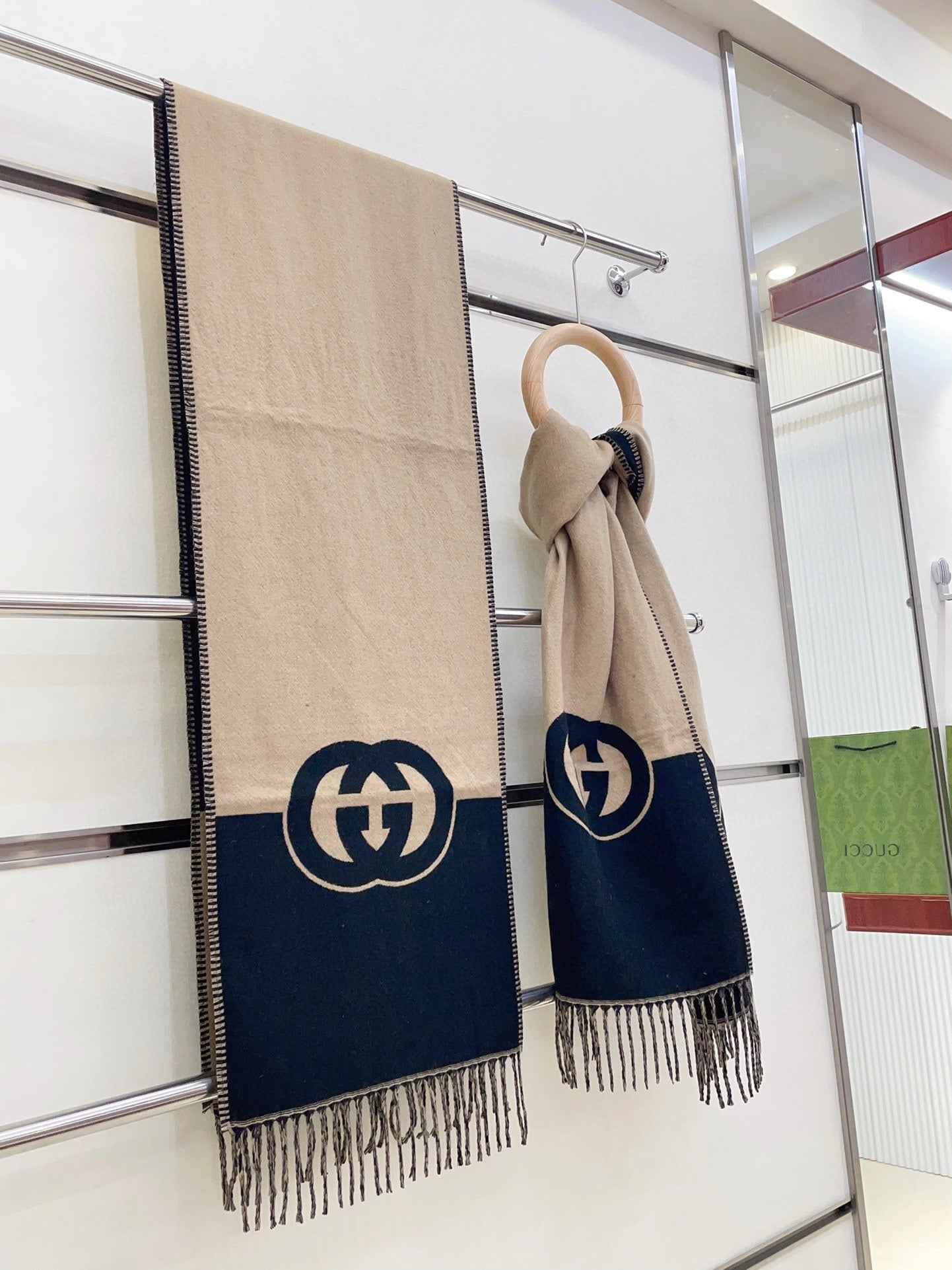 CAMEL BEIGE AND BLACK WOOL WITH INTERLOCKING G SCARF 200 CM mysite