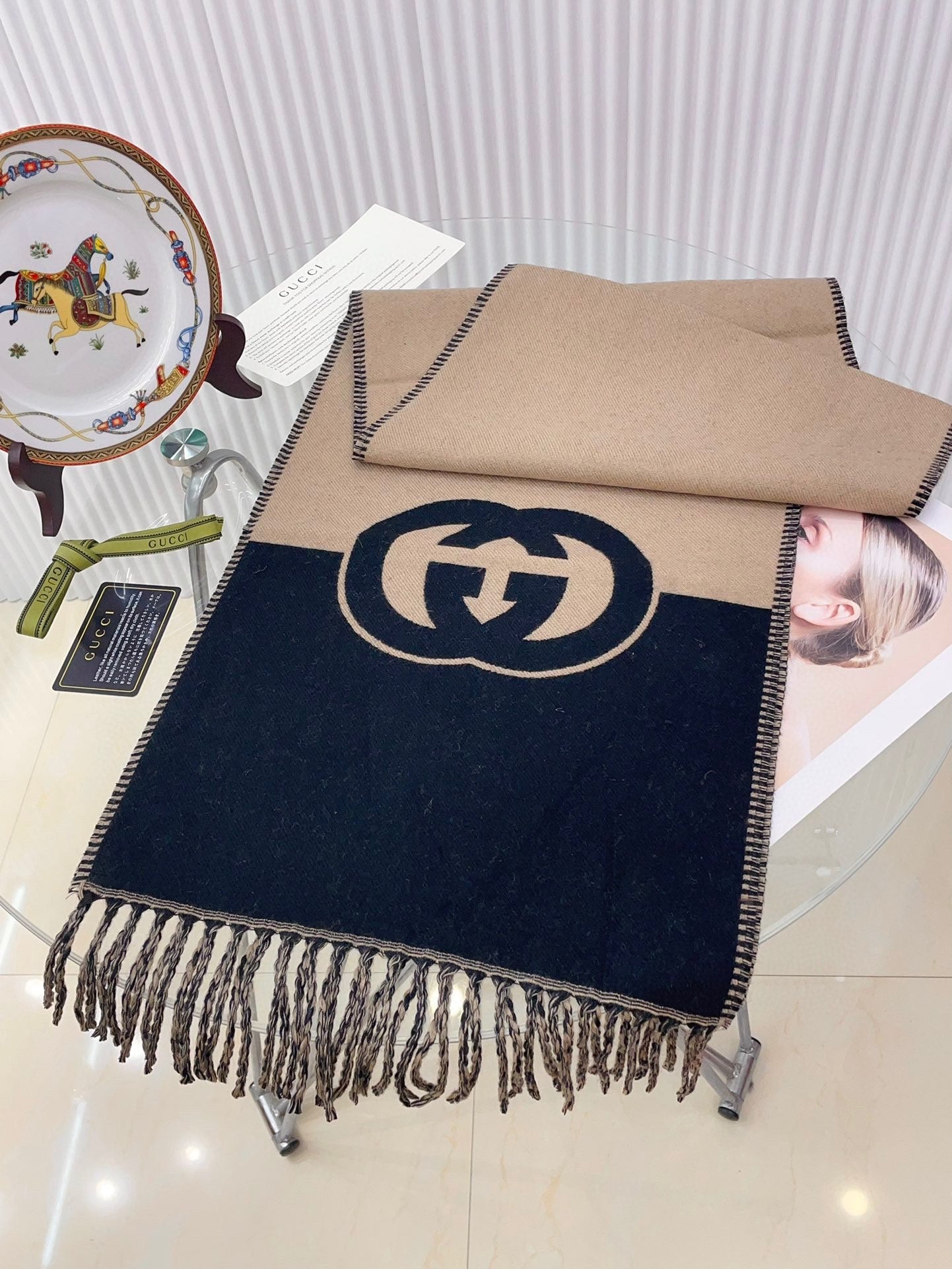 CAMEL BEIGE AND BLACK WOOL WITH INTERLOCKING G SCARF 200 CM mysite