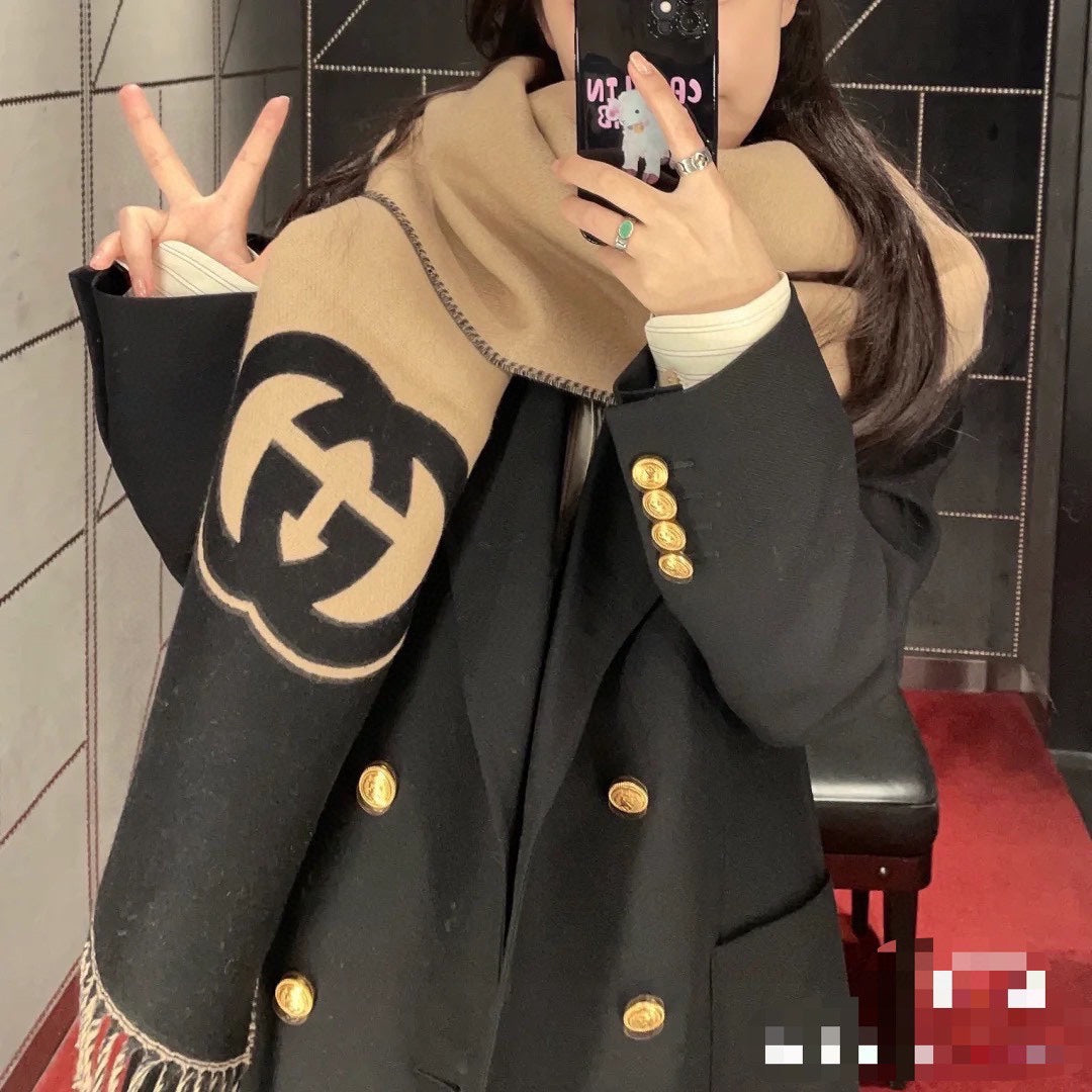 CAMEL BEIGE AND BLACK WOOL WITH INTERLOCKING G SCARF 200 CM mysite