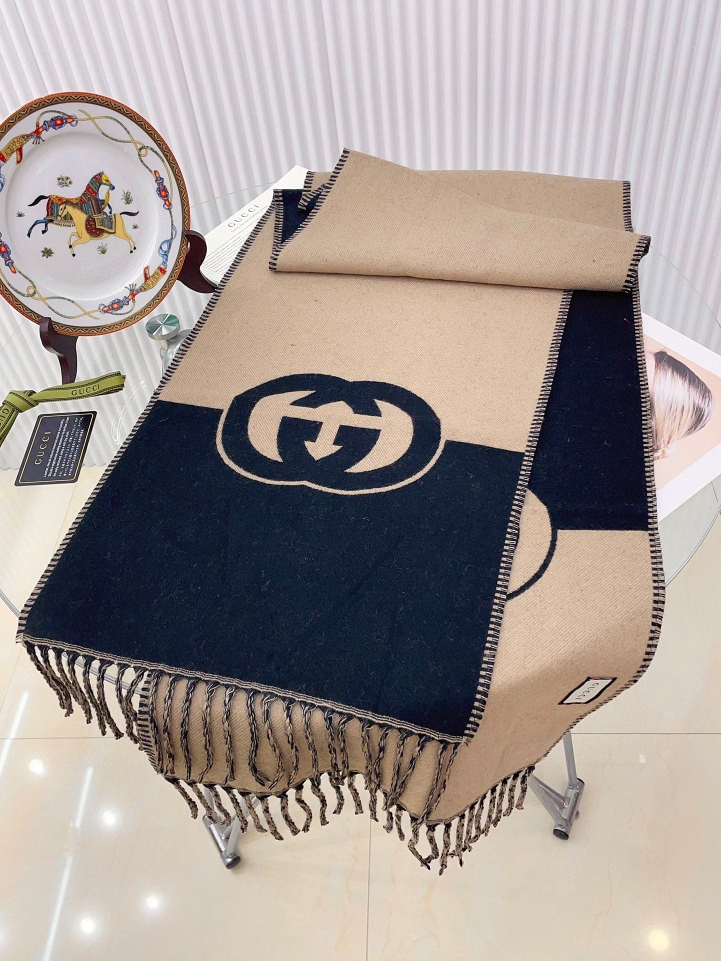 CAMEL BEIGE AND BLACK WOOL WITH INTERLOCKING G SCARF 200 CM mysite