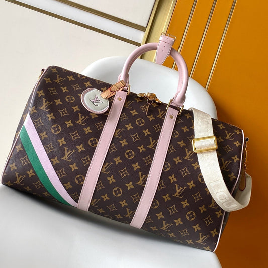 LV M25822 Keepall Bandoulière 45 Travel Bag Brown Pink Monogram Canvas GHW mysite
