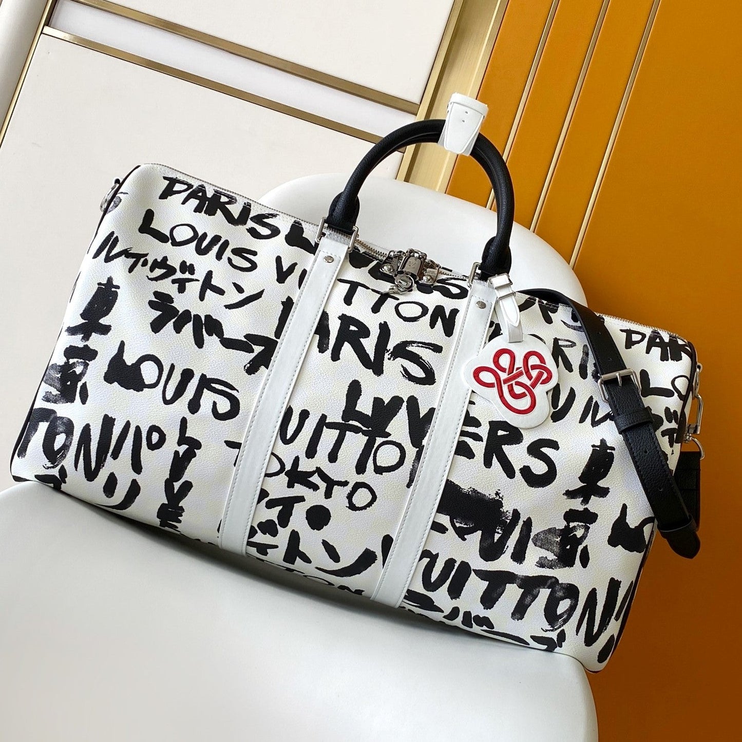 LVx N&PW Keepall Bandoulière 50 Black White Cowhide mysite