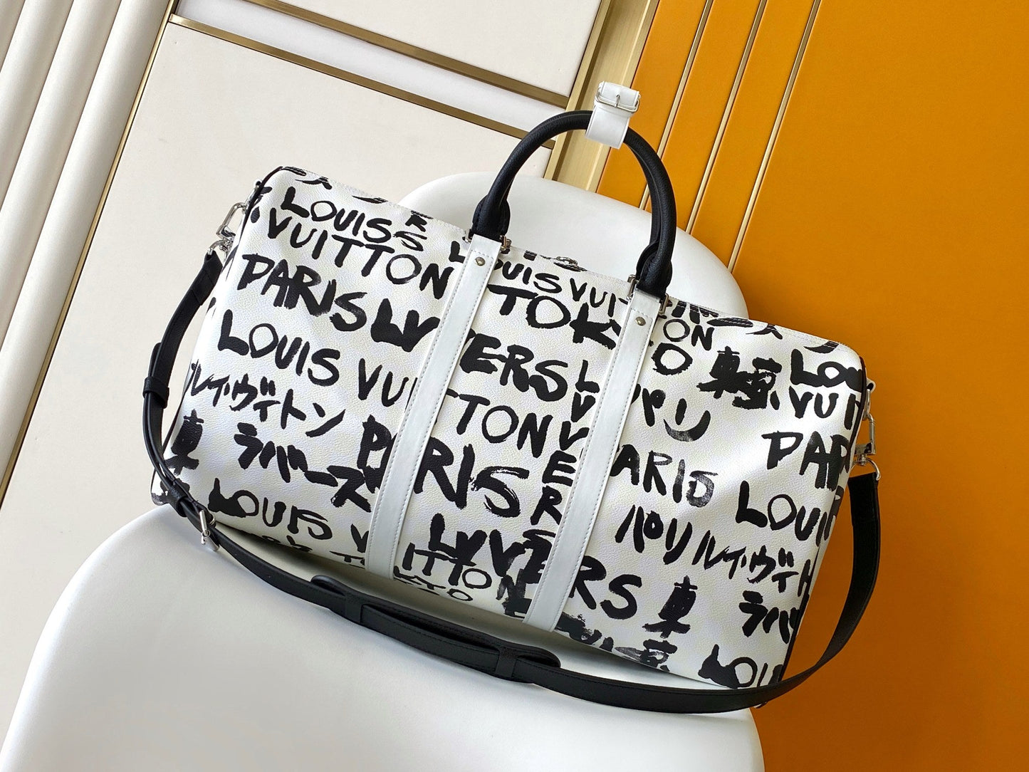 LVx N&PW Keepall Bandoulière 50 Black White Cowhide mysite