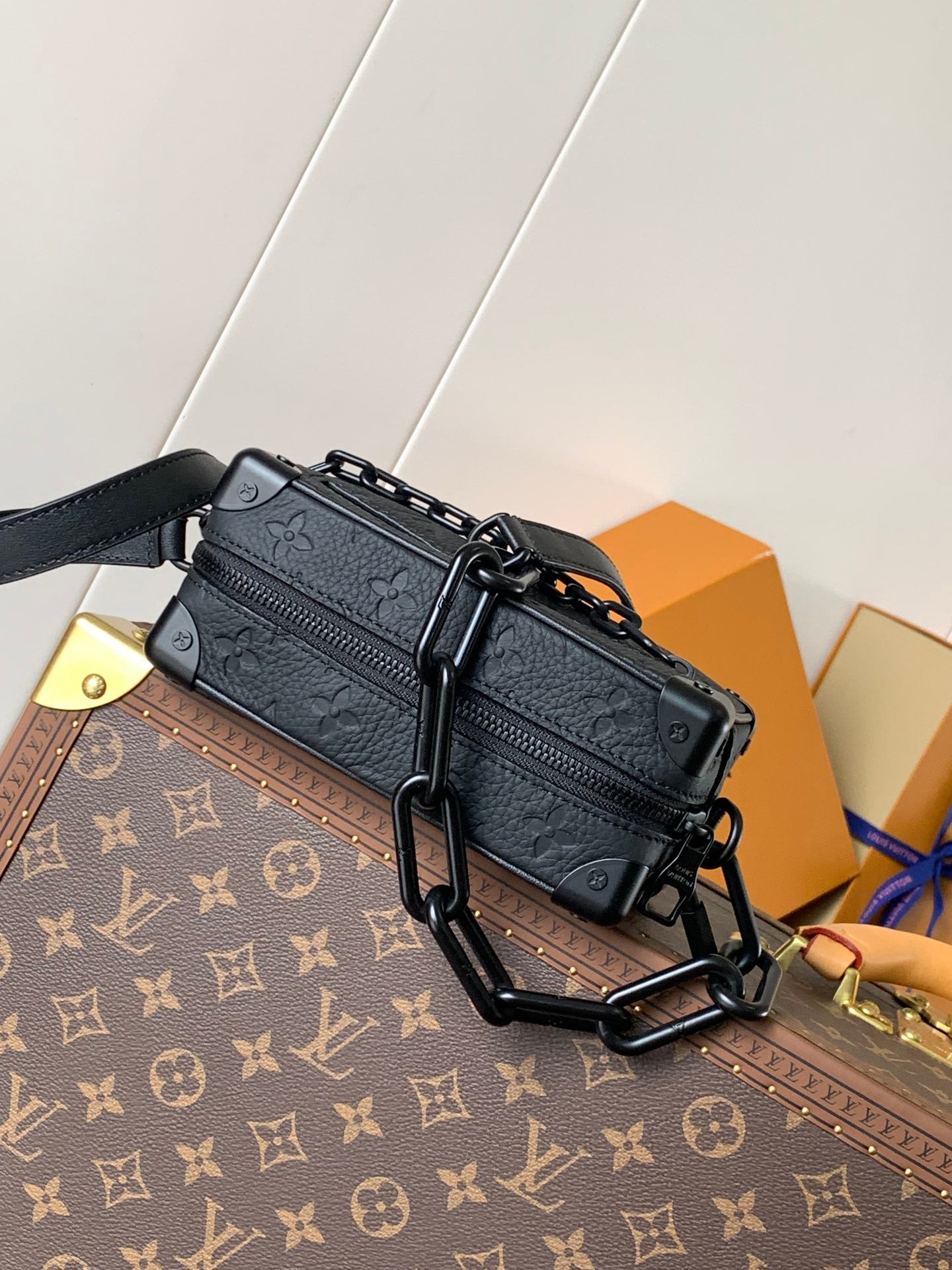 LV M55702 Mini Soft Trunk 18.5 with Matte-Black Chains Black Taurillon Cowhide mysite