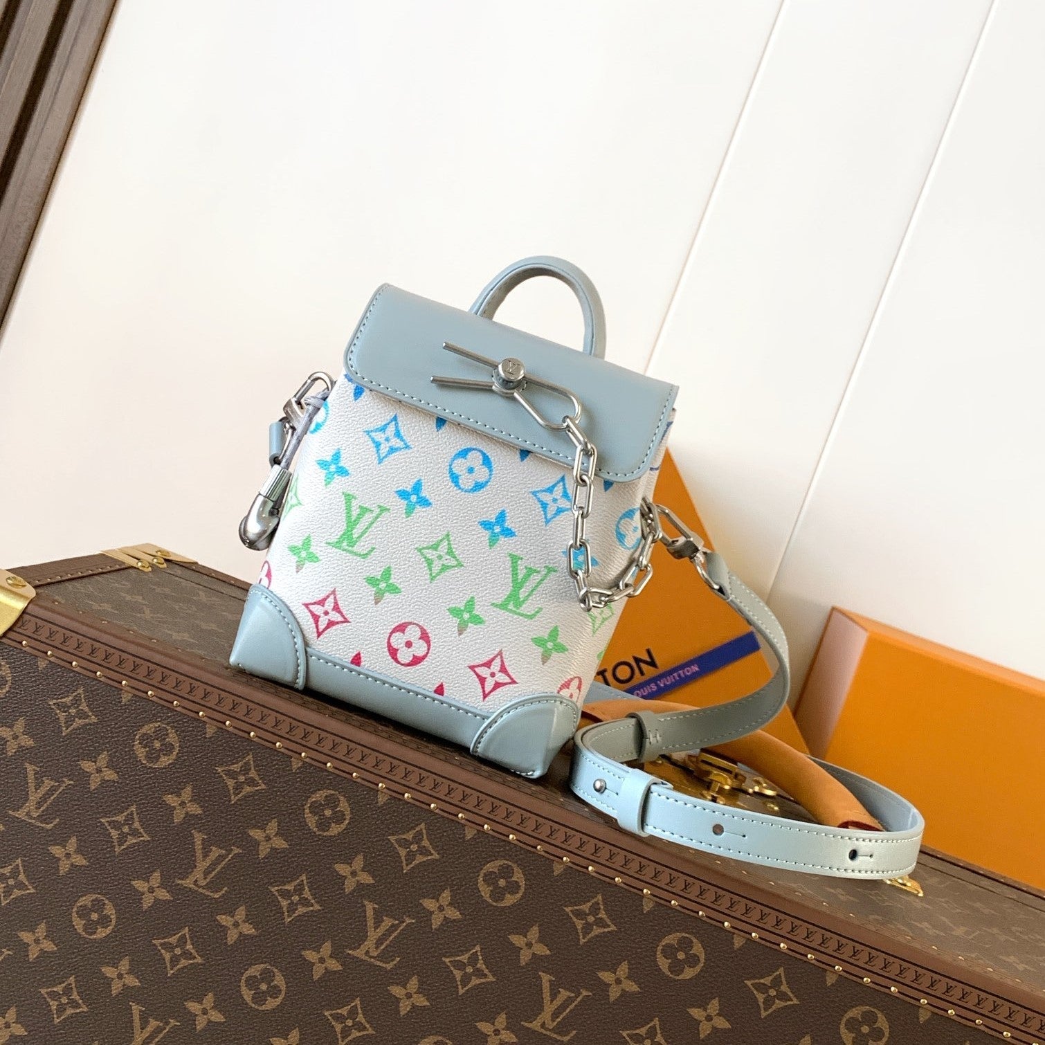 LV M13905 Nano Steamer Bag 15cm Solf Blue White Monogram Silver HW mysite