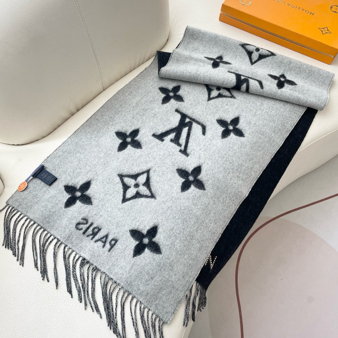 MONOGRAM FLOWERS SCARF 170 CM IN BLACK CASHMERE 390975 mysite