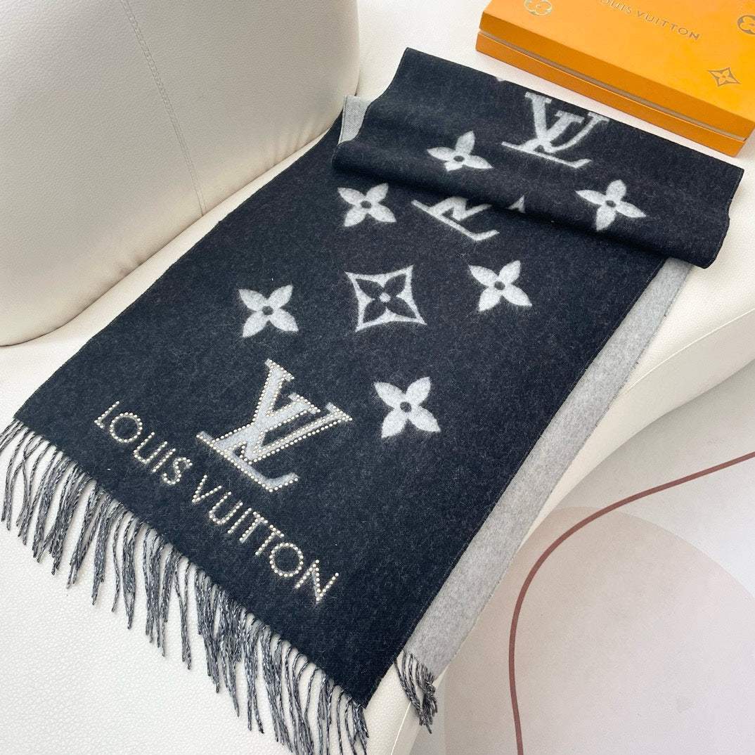 MONOGRAM FLOWERS SCARF 170 CM IN BLACK CASHMERE 390975 mysite