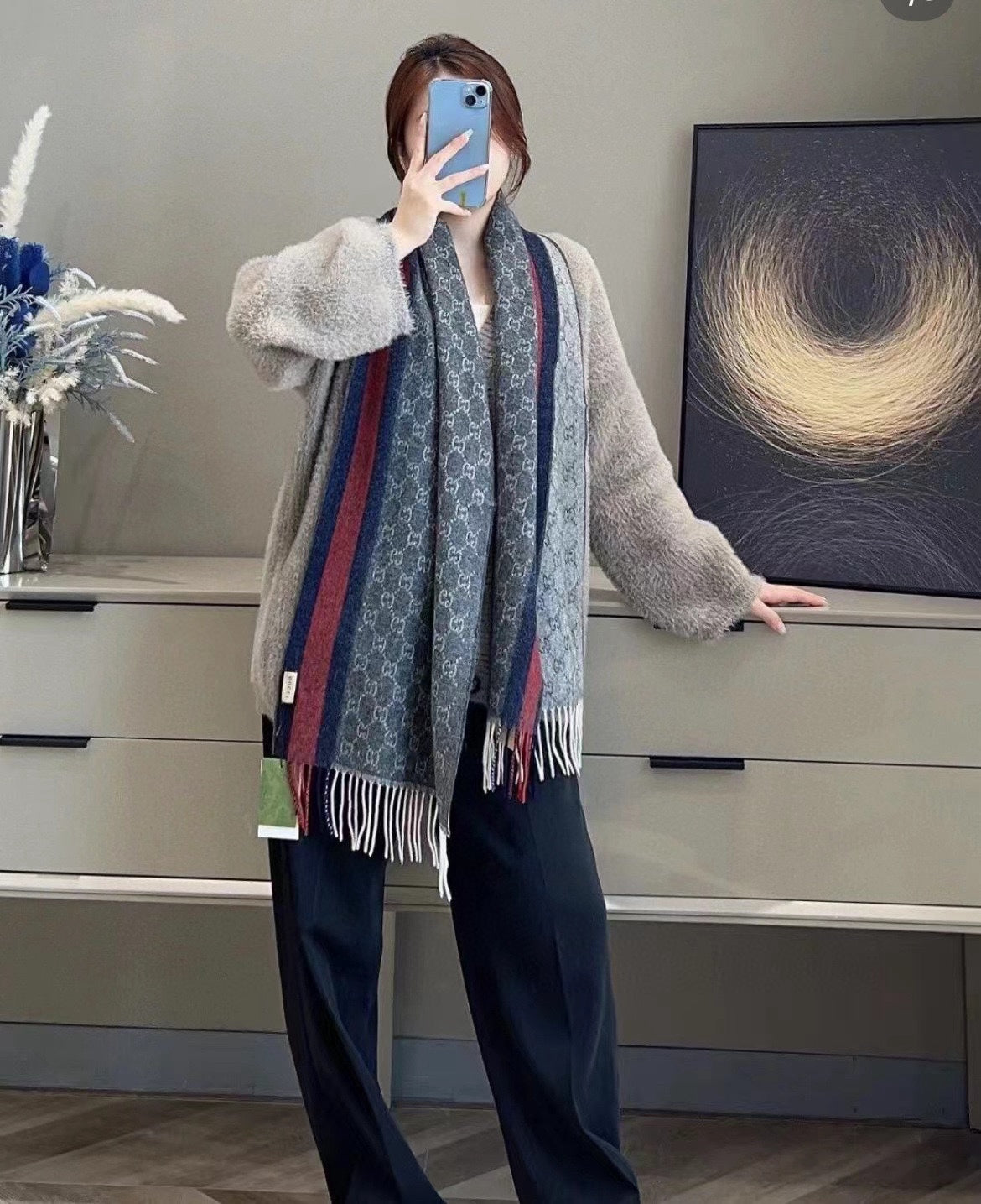 SCARF 200 CM IN DARK GRAY MONOGRAM CASHMERE 399764 mysite