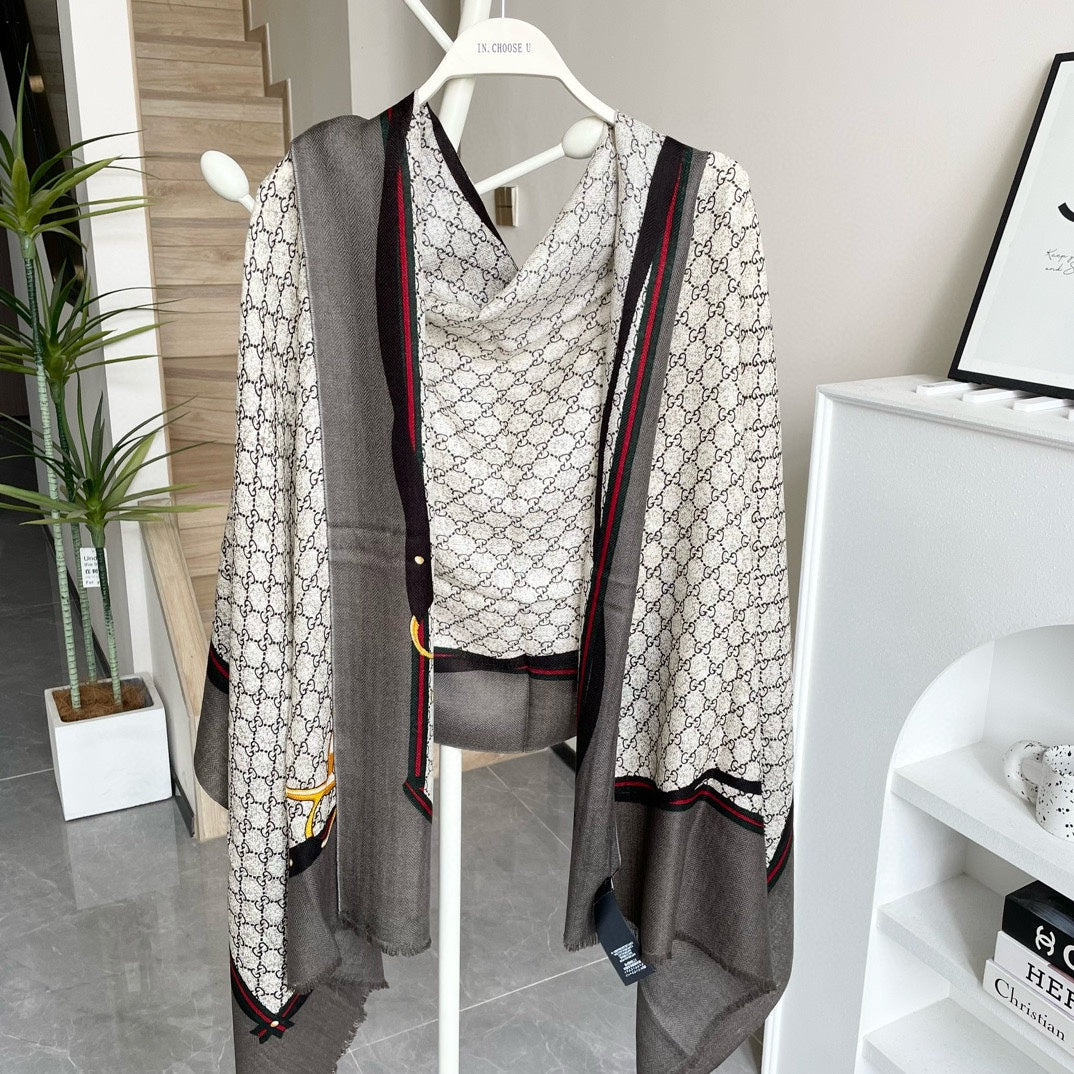 SCARF 200 CM IN KHAKI BROWN MONOGRAM WOOL  399767 mysite