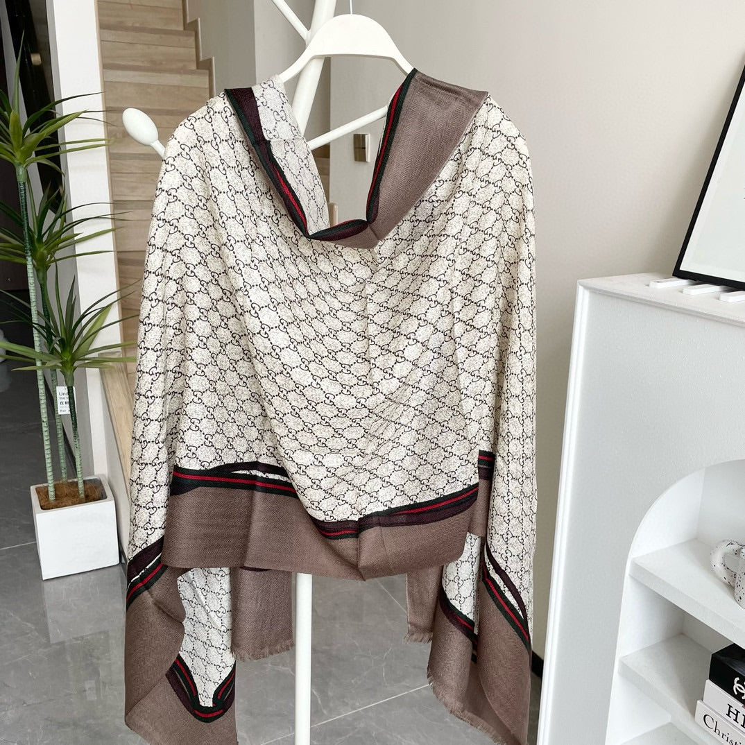 SCARF 200 CM IN KHAKI BROWN MONOGRAM WOOL  399767 mysite