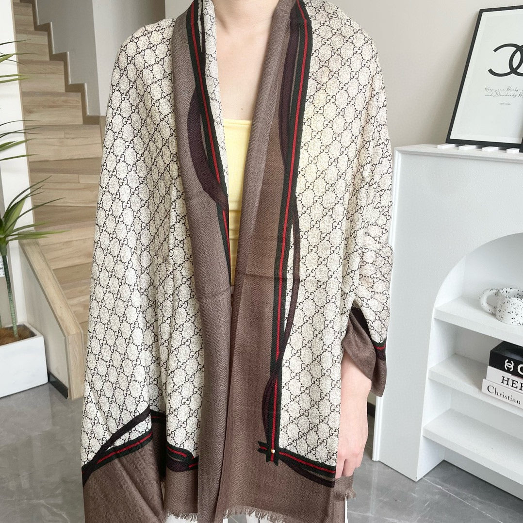 SCARF 200 CM IN KHAKI BROWN MONOGRAM WOOL  399767 mysite