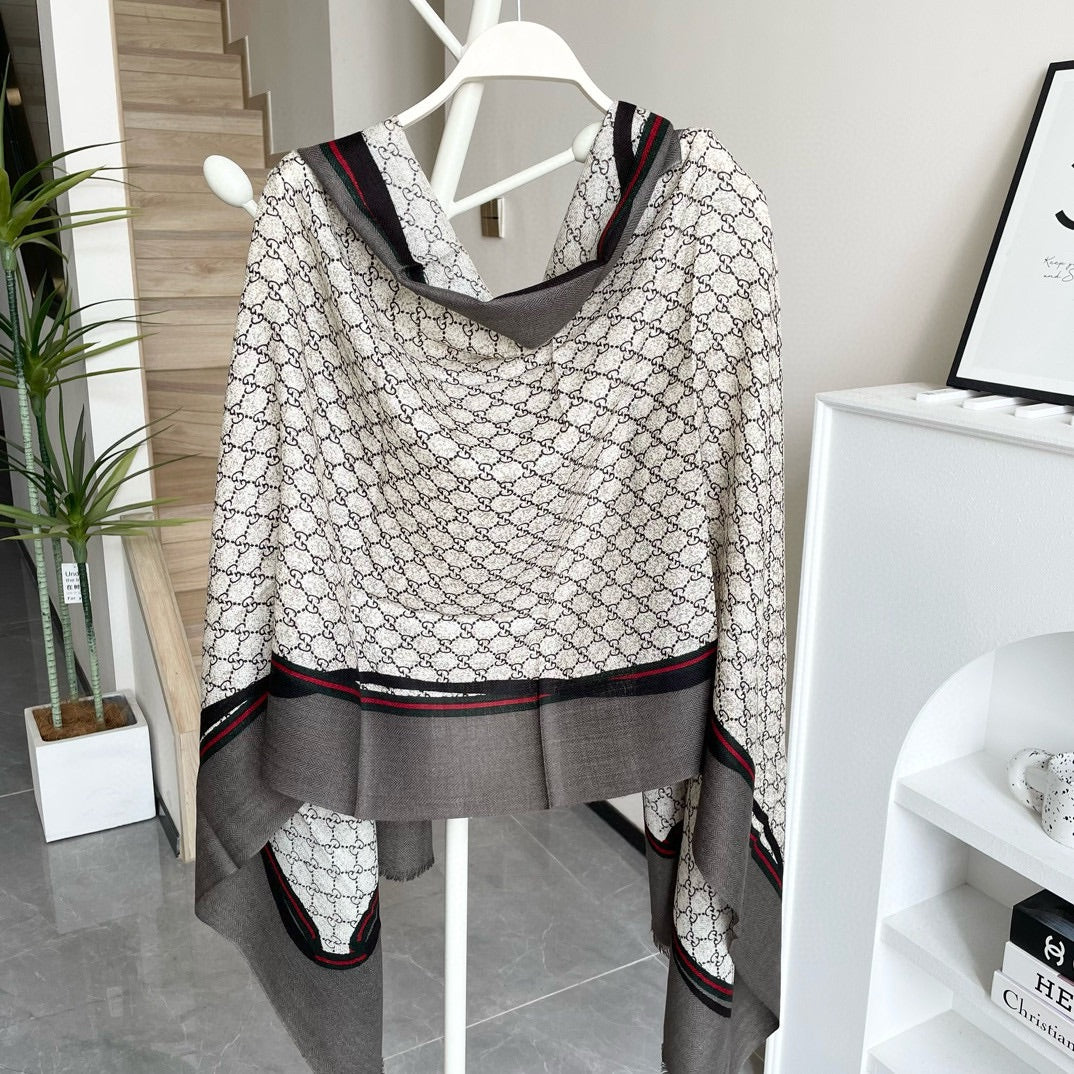 SCARF 200 CM IN KHAKI BROWN MONOGRAM WOOL  399767 mysite