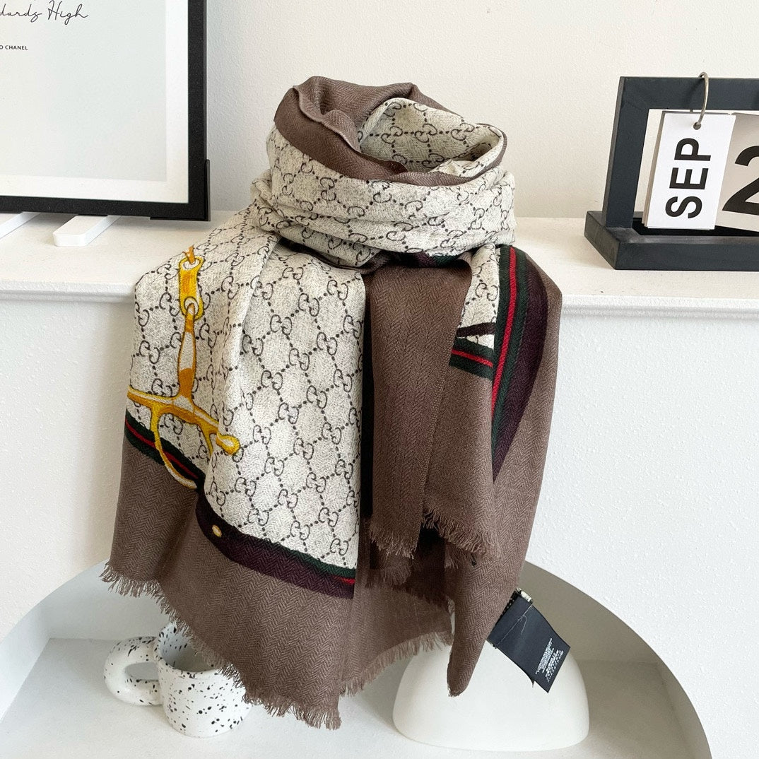 SCARF 200 CM IN KHAKI BROWN MONOGRAM WOOL  399767 mysite