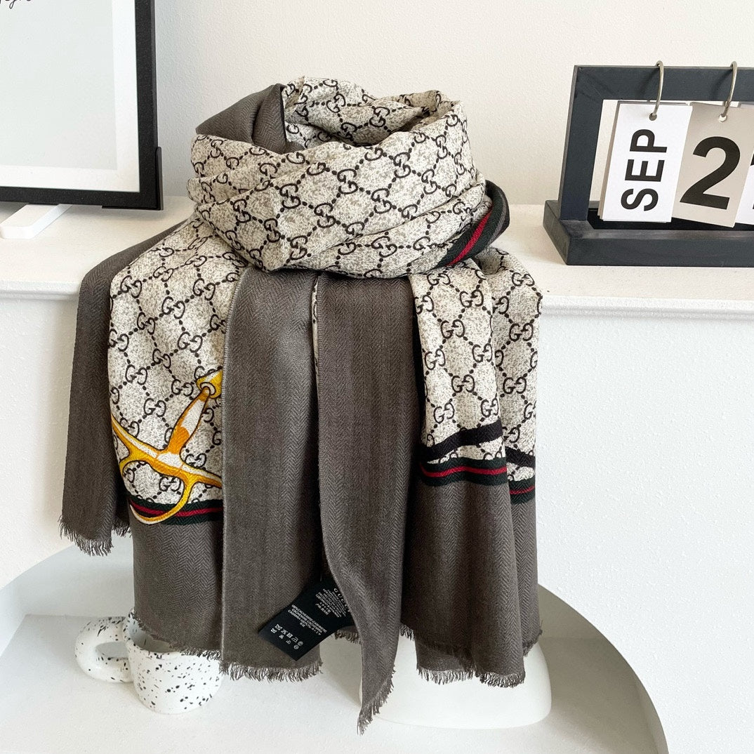 SCARF 200 CM IN KHAKI BROWN MONOGRAM WOOL  399767 mysite