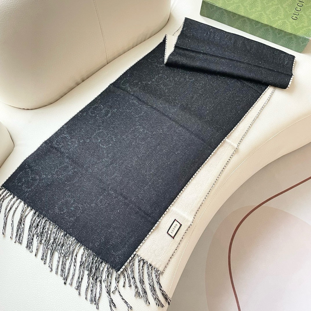 SCARF 195 CM IN BLACK AND WHITE CASHMERE 401402 mysite