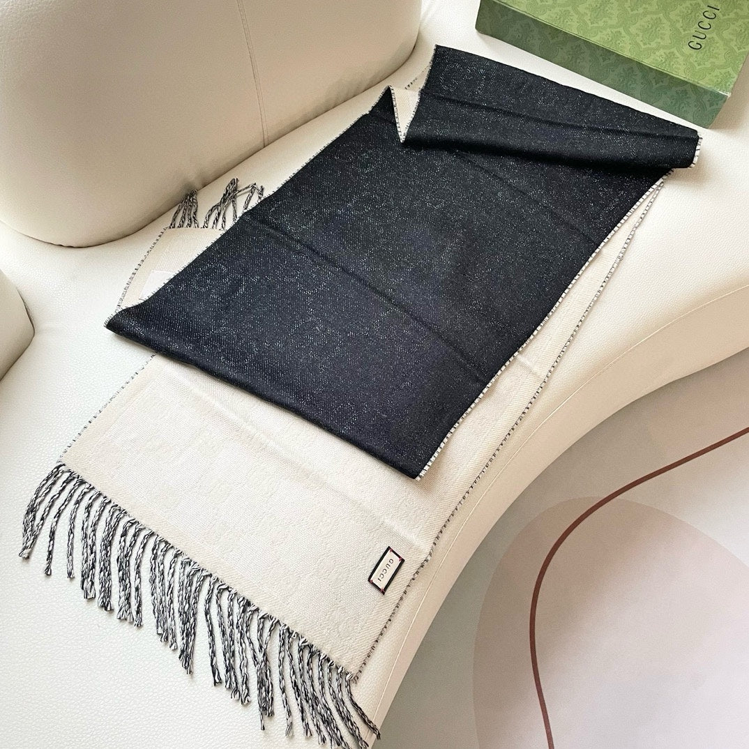 SCARF 195 CM IN BLACK AND WHITE CASHMERE 401402 mysite