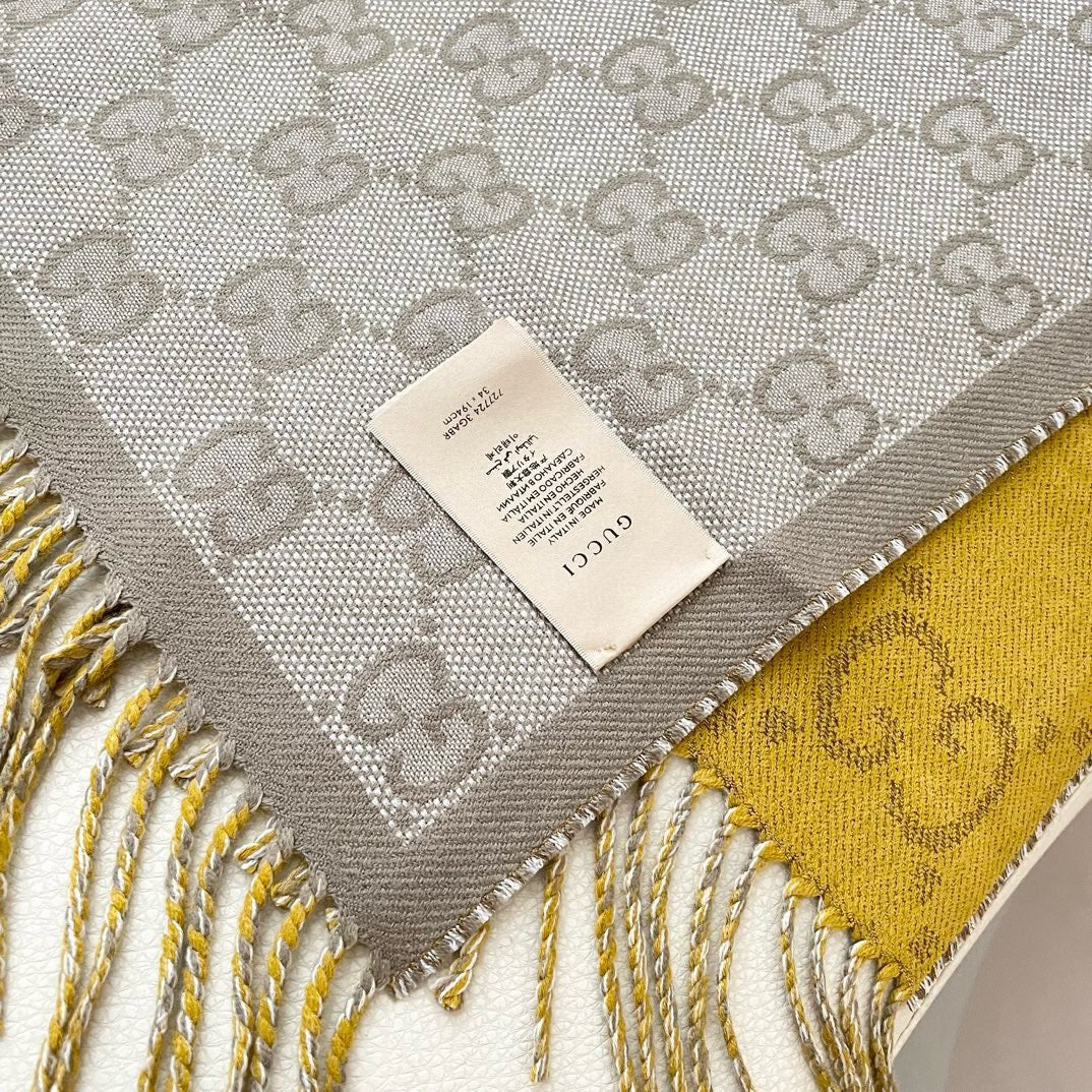 SCARF 195 CM IN DIJON YELLOW AND KHAKI BROWN CASHMERE 401403 mysite