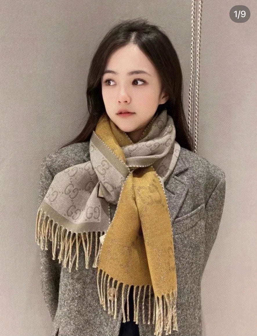 SCARF 195 CM IN DIJON YELLOW AND KHAKI BROWN CASHMERE 401403 mysite