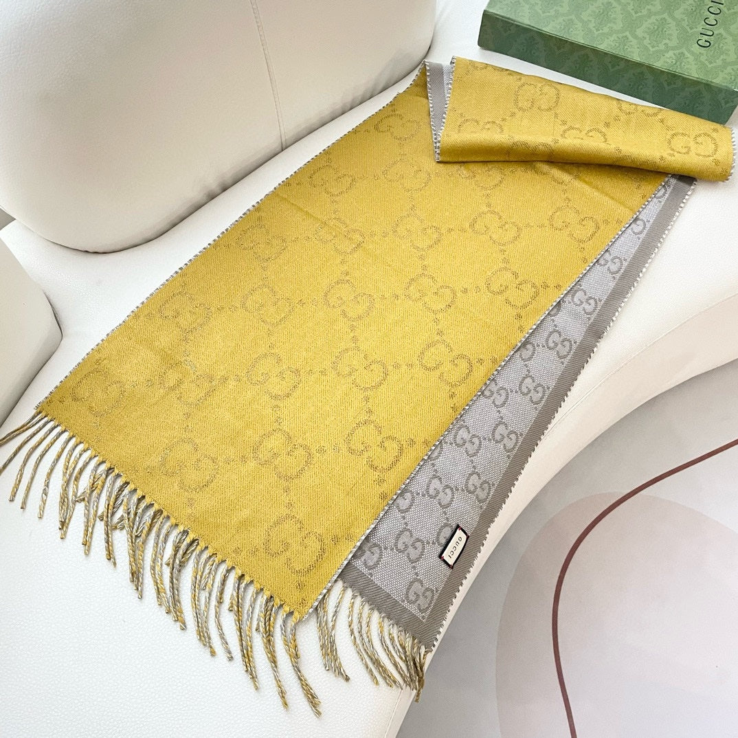 SCARF 195 CM IN DIJON YELLOW AND KHAKI BROWN CASHMERE 401403 mysite