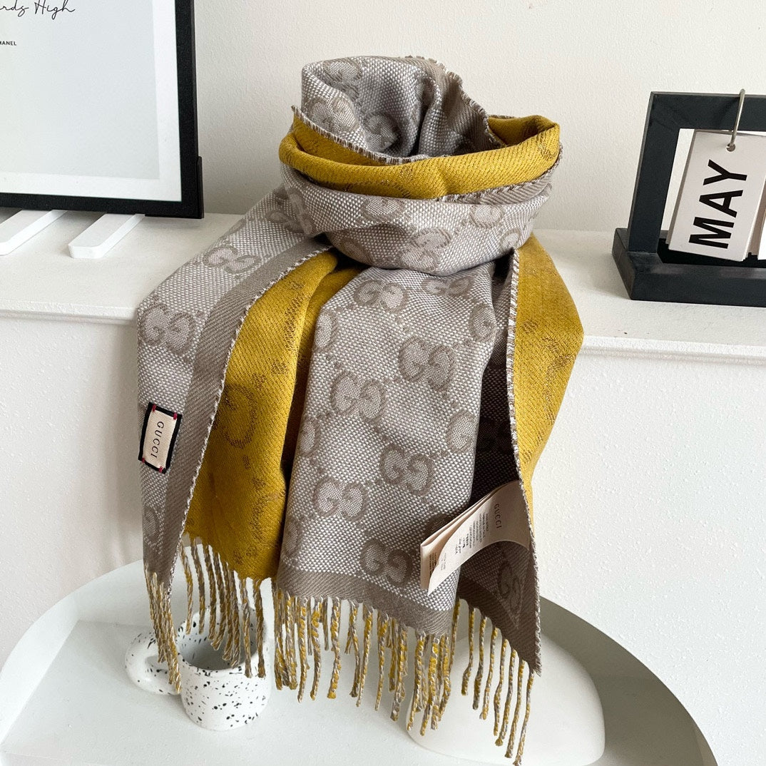 SCARF 195 CM IN DIJON YELLOW AND KHAKI BROWN CASHMERE 401403 mysite