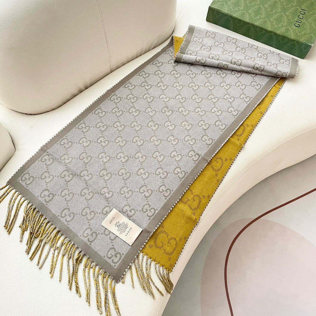 SCARF 195 CM IN DIJON YELLOW AND KHAKI BROWN CASHMERE 401403 mysite