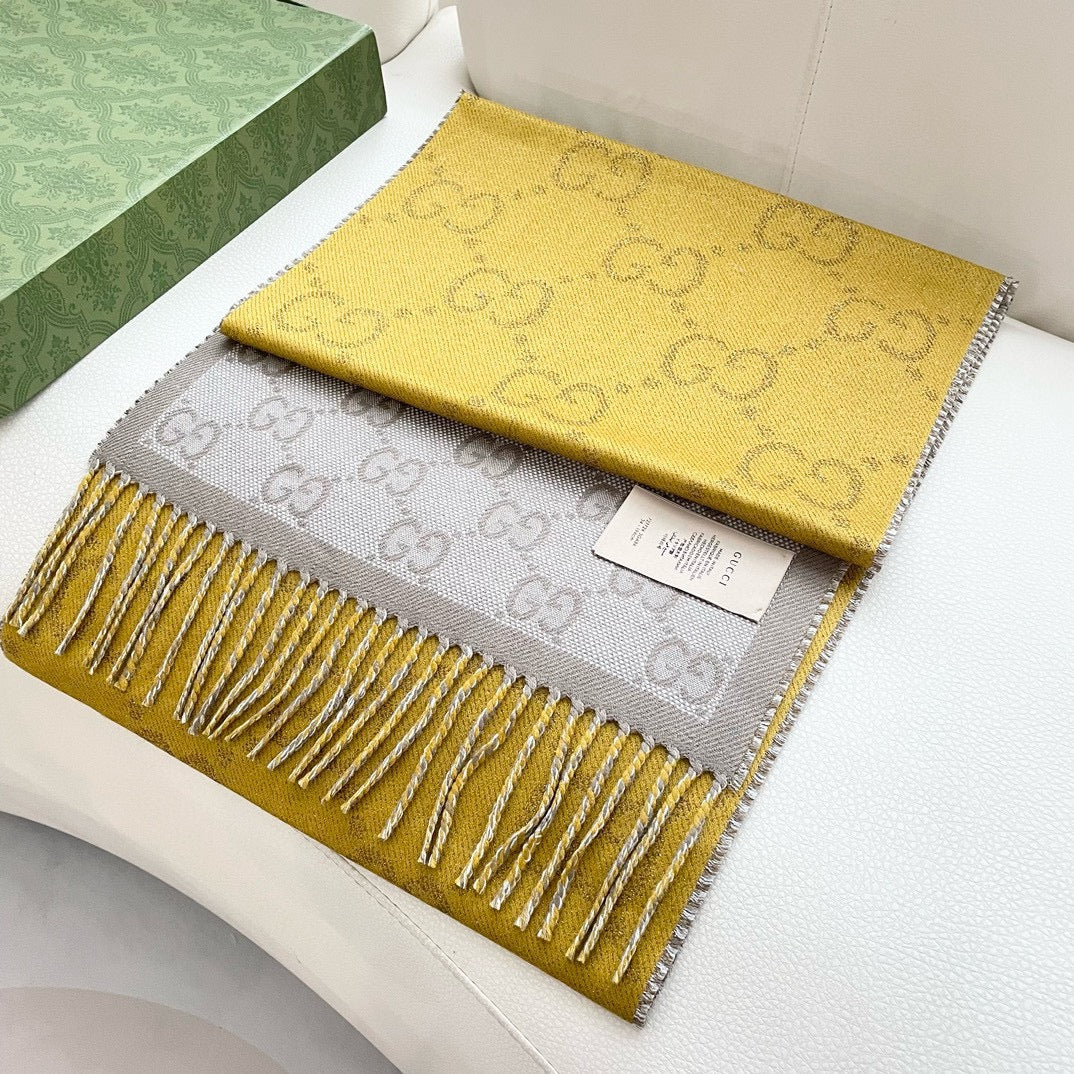 SCARF 195 CM IN DIJON YELLOW AND KHAKI BROWN CASHMERE 401403 mysite