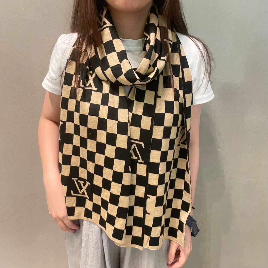 DAMIER SCARF 200 CM IN BLACK MIX TAN BEIGE CASHMERE 388194 mysite