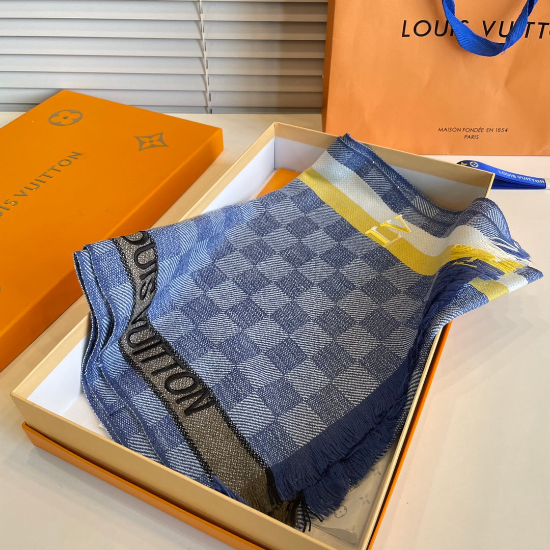 DAMIER SCARF 190 CM IN SAPPHIRE BLUE CASHMERE 391146 mysite