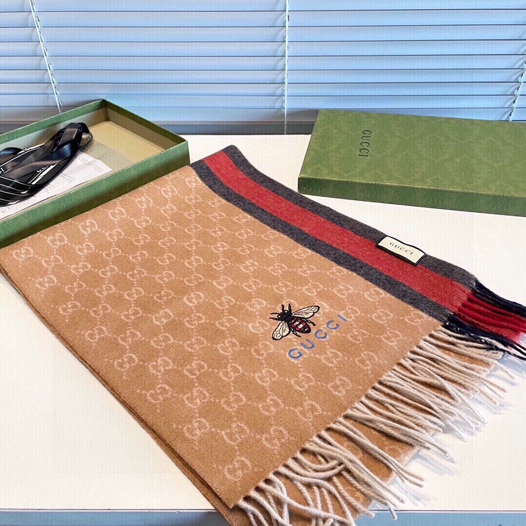 STRIPED SCARF 200 CM IN TAWNY BROWN CASHMERE WITH EMBROIDERED BEE 398532 mysite