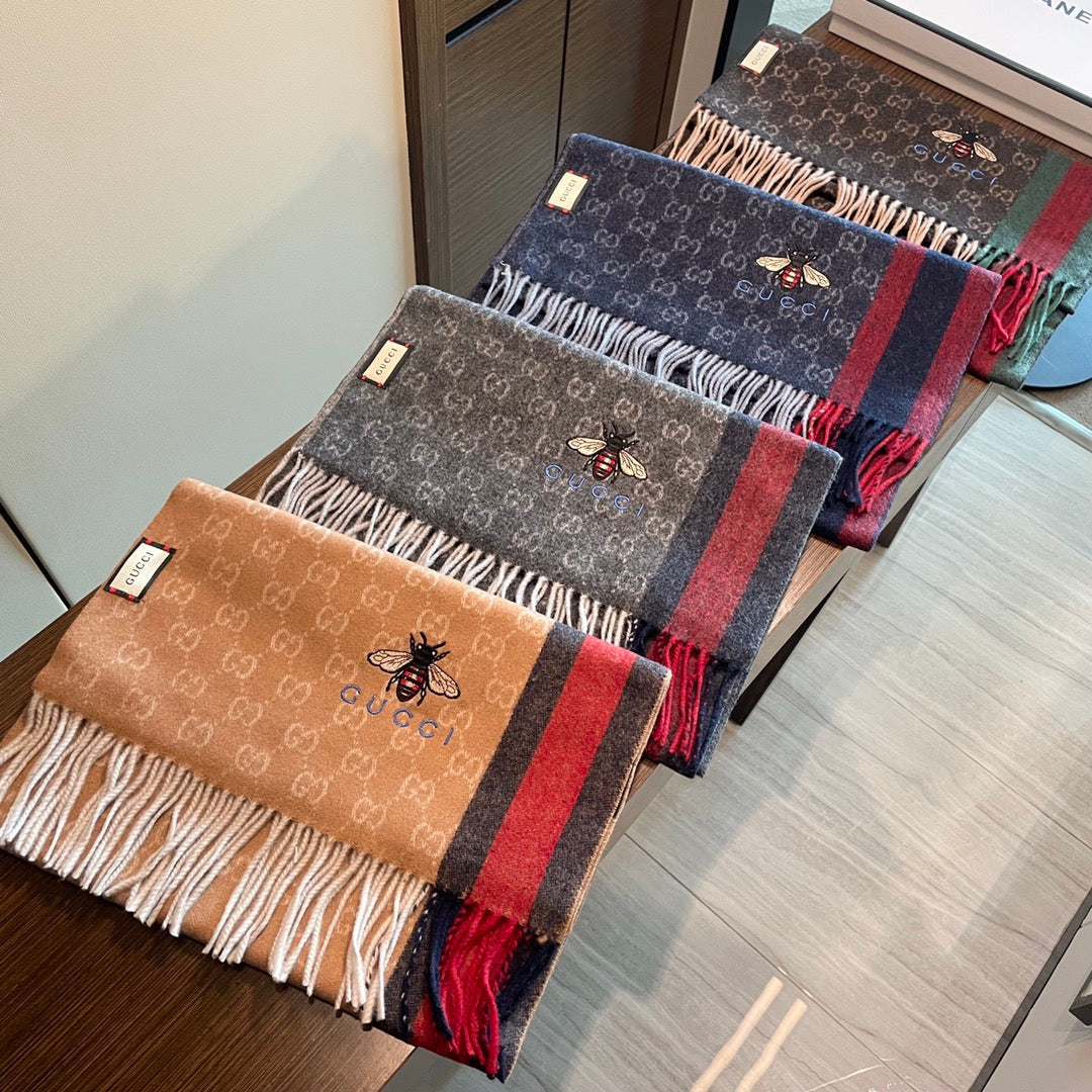 STRIPED SCARF 200 CM IN TAWNY BROWN CASHMERE WITH EMBROIDERED BEE 398532 mysite