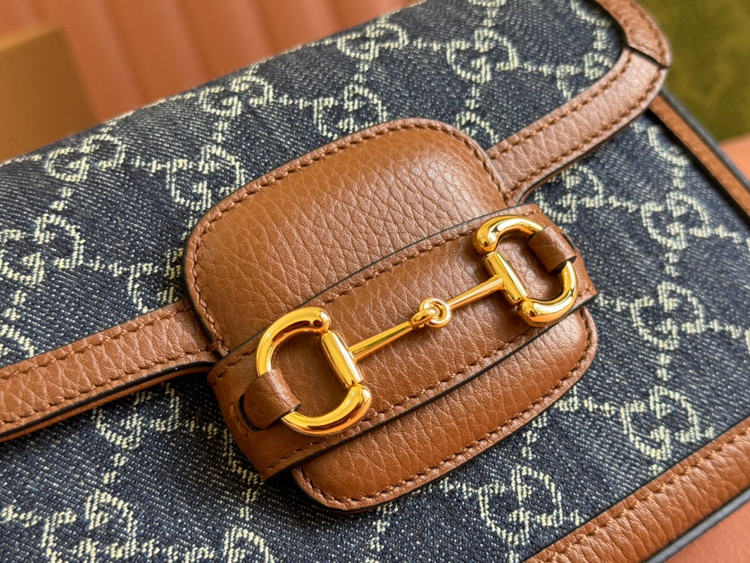 Gucci Horsebit Bag Blue mix Brown Leather Canvas 244253 mysite