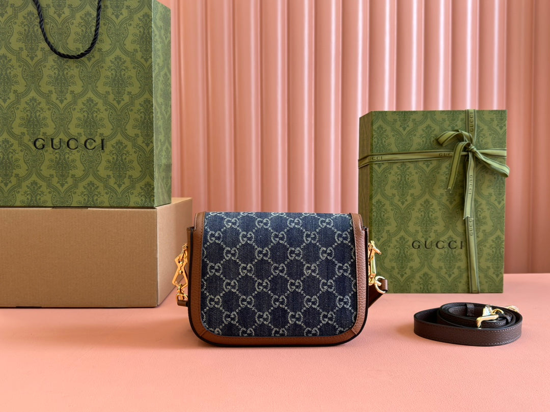 Gucci Horsebit Bag Blue mix Brown Leather Canvas 244253 mysite