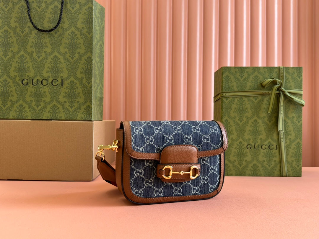 Gucci Horsebit Bag Blue mix Brown Leather Canvas 244253 mysite